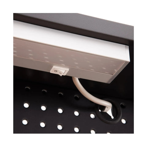 Close-up of LED light fixture on UltraHD Heavy Duty Lighted Work Center With Pegboard And Solid Wood Top, 500 Lb Capacity