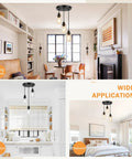 Slick Three Light Black Pendant Fixture With Crystal Clear Glass Shades overhead in living room and bedroom settings.