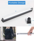 Lit 1Ft USB Powered T5 UV Blacklight Tube 10W Portable Black Light Bar For Body Paint, Room Decor, shown with dimensions and in use