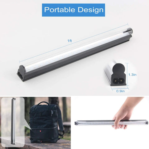 Lit 1Ft USB Powered T5 UV Blacklight Tube 10W Portable Black Light Bar For Body Paint, Room Decor, shown with dimensions and in use