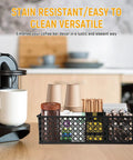 Metal Coffee Bar Organizer With Handles A Space Saving Countertop Station For Coffee Pods Stirrers Sugar Packets Straws And Tea Condiments In Sleek Mesh Black Finish With Durable Iron Build on kitchen counter