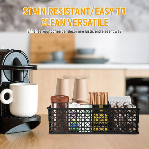 Metal Coffee Bar Organizer With Handles A Space Saving Countertop Station For Coffee Pods Stirrers Sugar Packets Straws And Tea Condiments In Sleek Mesh Black Finish With Durable Iron Build on kitchen counter