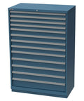 Stackable Modular Drawer Cabinet For Garage And Workshop Storage 40 1/4 X 22 1/2 X 57 1/8 Inches with twelve steel drawers in blue.