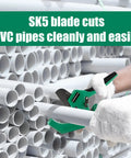 Worker using dark green Ratchet PVC Pipe Cutter For 2 Inch 64mm Pipe With Extra Blade, cutting PVC pipes, wearing white gloves.
