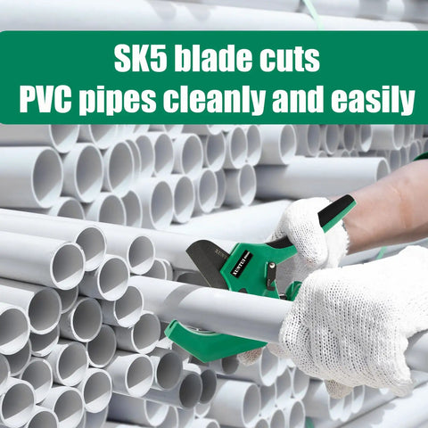 Worker using dark green Ratchet PVC Pipe Cutter For 2 Inch 64mm Pipe With Extra Blade, cutting PVC pipes, wearing white gloves.