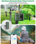 WiFi Water Timer For Garden Hose With Smart Sprinkler Controller, image showing brass inlet and app control interface.