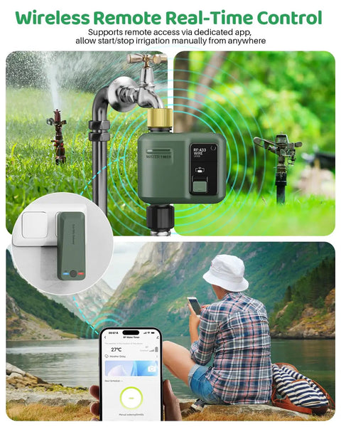 WiFi Water Timer For Garden Hose With Smart Sprinkler Controller, image showing brass inlet and app control interface.
