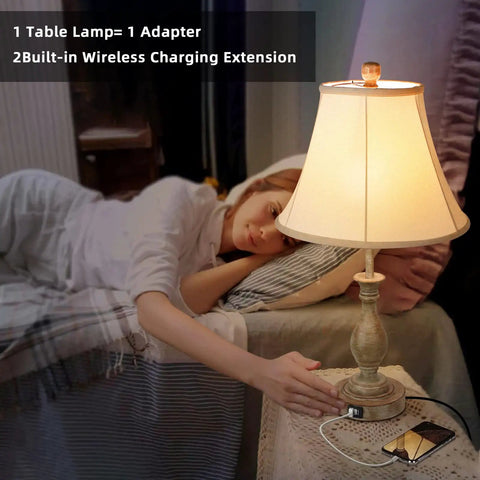 Cozy Farmhouse Style Table Lamp With Touch Control And 3 Way Dimming next to a person in bed, beige shade, USB ports visible
