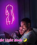 Couple in room with Pink Lady Back Neon Sign LED Wall Decor USB Powered for Bedroom Bar Living Room Party Vibe Brightness Adjustable Neon Light Art