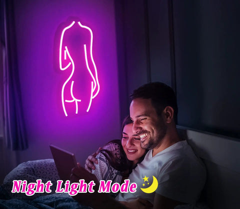 Couple in room with Pink Lady Back Neon Sign LED Wall Decor USB Powered for Bedroom Bar Living Room Party Vibe Brightness Adjustable Neon Light Art