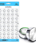 Top Shelf 40 Pack Ag10 Plus Lr1130 Button Cell Batteries 1.5 Volt Alkaline on display with packaging and loose battery.