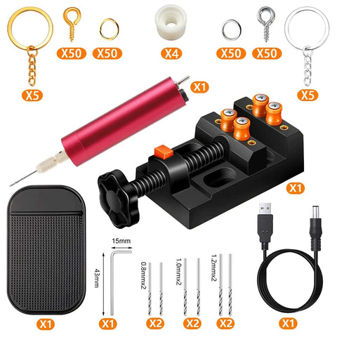 Pro Grade Electric Resin Drill Set With Pin Vise For Molds And Jewelry Casting, 210 Piece Keychain Making Kit shown