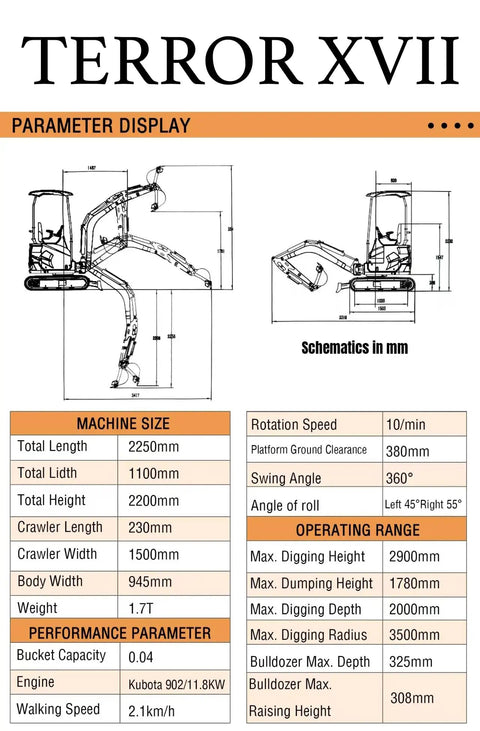 Specifications and schematic of a 1.7 Ton Mini Excavator With Boom Swing And Canopy 400mm Bucket Yard Digger For Gardens Farms