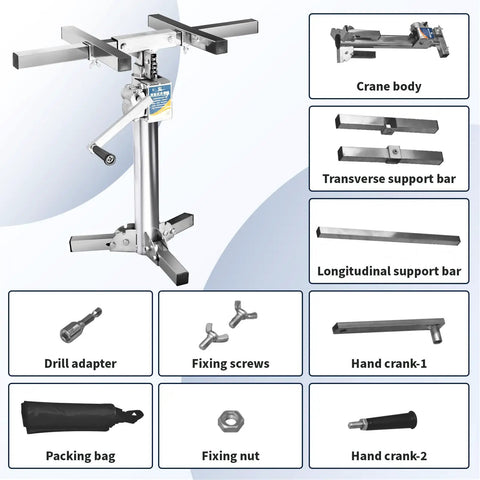 Heavy Duty Cabinet Lift Jack Tool 440 Lbs Capacity Adjustable Third Hand Support System components including crane body and support bars.