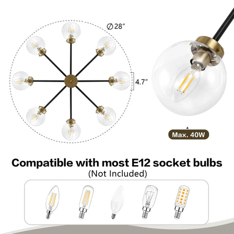 8 Light Sputnik Chandelier Pendant Light With 4.7 Inch Clear Glass Globe Shades For Flat Or Sloped Ceilings Height Adjustable Modern Fixture For Kitchen Island Living Room Dining Room And Bedroom Black with E12 bulb compatibility