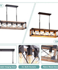 Farmhouse Linear Pendant Light For Kitchen Island And Dining Room, 5 Light Rustic Wood Grain Industrial Chandelier, lit and unlit views