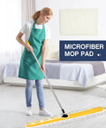 Pro Grade Heavy Duty 2 Pack Industrial Dust Mops With Swivel Heads And Extended Handles For No Fuss Commercial Floor Sweeping On Hardwood Tile And Marble Floors being used by a woman in a green apron.
