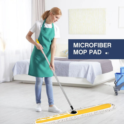 Pro Grade Heavy Duty 2 Pack Industrial Dust Mops With Swivel Heads And Extended Handles For No Fuss Commercial Floor Sweeping On Hardwood Tile And Marble Floors being used by a woman in a green apron.