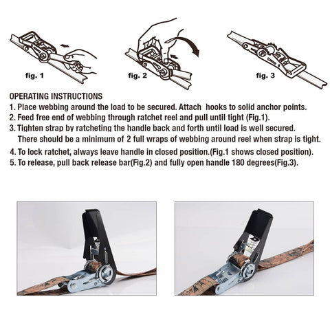 Illustration and close-ups of Heavy Duty 900 Lb Break Strength 8 Pack 10ft Ratchet Straps For Motorcycles ATVs Scooters And Cargo
