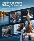 Images of various fishing scenarios, including saltwater, fly, freshwater, and ice fishing, with a 7 Piece Fishing Tools Kit With Fillet Knife Split Ring Pliers Braid Scissors Fish Gripper 35 Inch Ruler Sharpener And Lanyard For Saltwater And Freshwater Go To Gear Gift For Men box.