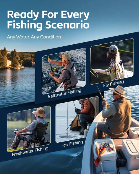 Images of various fishing scenarios, including saltwater, fly, freshwater, and ice fishing, with a 7 Piece Fishing Tools Kit With Fillet Knife Split Ring Pliers Braid Scissors Fish Gripper 35 Inch Ruler Sharpener And Lanyard For Saltwater And Freshwater Go To Gear Gift For Men box.