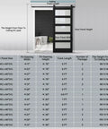 Image showing dimensions and fitting details for 36X84 Black Frosted Glass Barn Door With Complete Hardware Kit And Six Point Six Foot Track Handle.