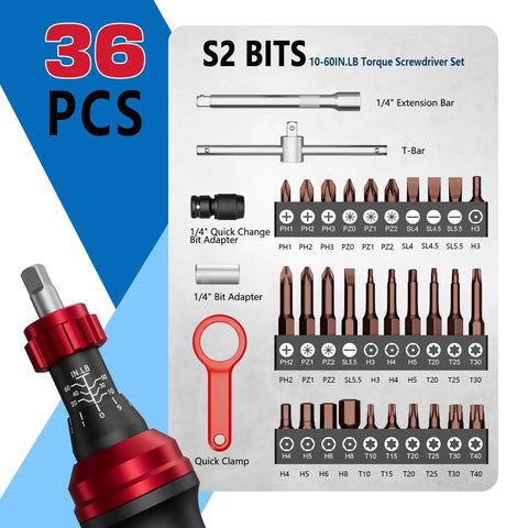 One Quarter Inch Torque Screwdriver Set For Gunsmithing With Pro Grade Feel And Adjustable From Ten To Sixty Inch Pounds Thirty Six Piece Bit Kit Including Philips Hex Slotted And Torx S2 Steel Bits And Aluminum Handle For Tough Reliable Performance. 36-piece kit with 1/4-inch adapters and bits