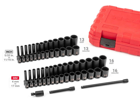 One Quarter Inch Drive Shallow And Deep Twelve Point Impact Socket Set With Case Sixty One Piece Socket Set Includes Five Thirty Seconds To Eleven Sixteenths Inches And Four To Seventeen Millimeters All In One Handy Kit For Any Auto Or Workshop Job with red carrying case