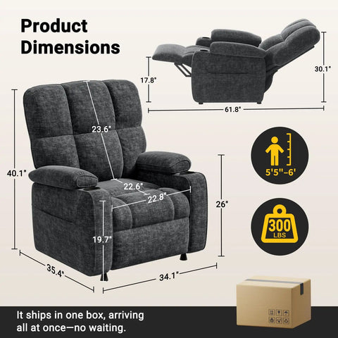 Power Recliner Chair For Adults With One Touch Synchronized Electric Recline USB Ports dimensions and packaging details.