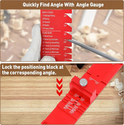 Chisel Sharpening Jig And Wood Honing Guide With Adjustable Angle Fixture And Dual Sharpening Stones For Crisp Bevels On Shop Tools You Gotta Keep Sharp As A Tack angle gauge showing bench chisel and plane iron angles