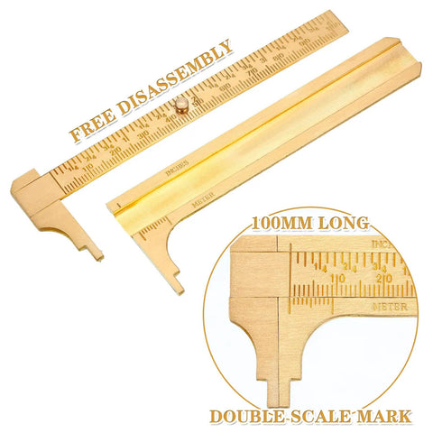 Brass Vernier Caliper Pocket Caliper Set With Double Scale mm And Inch, showing ruler and close-up of scale marks.