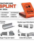 Rhino Rescue 36in orange-gray first aid splint, folded; shows C-curve, sugar-tong arm, ankle-stirrup splints.