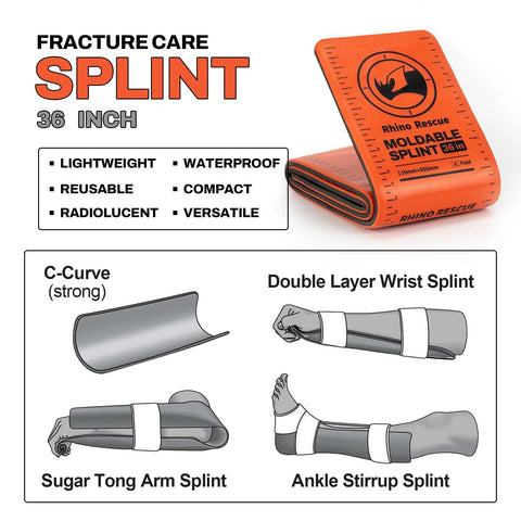 Rhino Rescue 36in orange-gray first aid splint, folded; shows C-curve, sugar-tong arm, ankle-stirrup splints.