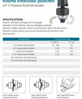 Manual Knockout Punch Driver Kit for One Half Inch to One And One Quarter Inch Conduit Holes with specifications chart.