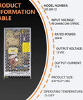 Compact 200 Watt Switching Power Supply 12V 17 Amps Enclosed Metal Case showing detailed specifications and design.