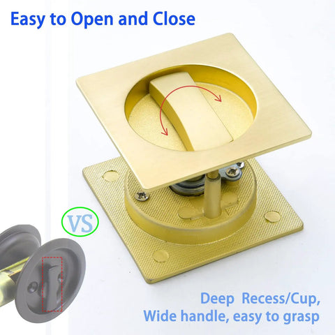 Pocket Door Passage Latch Set Satin Brass Square Handle Easy Install Privacy Lock Deep Recess with Wide Handle Detail