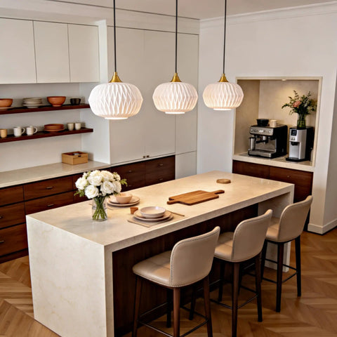 Vaziden Milk Glass Pendant Lights Kitchen Island Gold Chandelier 11.81" above a modern kitchen island with beige seating.