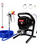 Heavy Duty Electric Airless Paint Sprayer Featuring 750W Motor And 3300 Psi Output, with nozzle, hose, and black motor design.