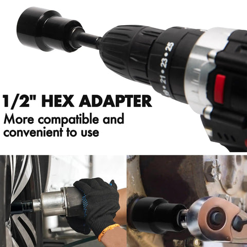 Close-up of power drill with 1/2 inch hex adapter from Six Piece Lug Nut Remover Socket Set for bolts and fasteners.