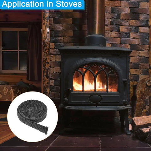 Front view of black wood stove with glass door; inset shows coil of flat graphite fiberglass gasket rope for stoves.