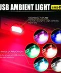 USB LED Car Interior Ambient Lighting Kit With Six Colors Portable Mini Plug In Night Light display with color options