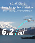 4K Drone With Camera For Beginners And Adults flying over mountains, showcasing 6.2 mile transmission range and long distance capabilities.