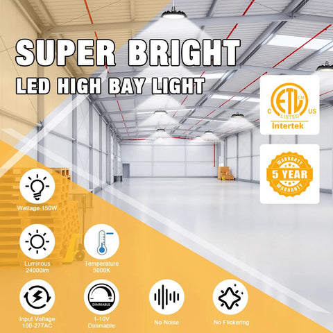 Warehouse with Hella Bright 200W LED High Bay Light With 32,000 Lumens, 160 LM Per W, 120 Degree Beam, 1-10V Dimmable Lighting