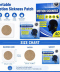 Motion Sickness Patches 40 Count Non Drowsy Relief For Travel By Car, Plane, Or Cruise Ships Lasts 72 Hours Mint Scent With Breathable Adhesive Backing Easy On Skin For Adults And Kids Aged 4 Plus Must Have Travel Gear, box and patch size chart