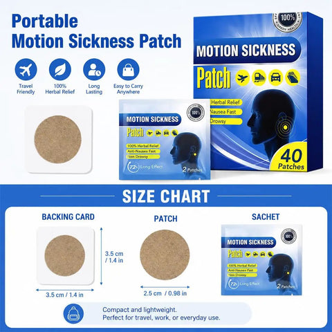 Motion Sickness Patches 40 Count Non Drowsy Relief For Travel By Car, Plane, Or Cruise Ships Lasts 72 Hours Mint Scent With Breathable Adhesive Backing Easy On Skin For Adults And Kids Aged 4 Plus Must Have Travel Gear, box and patch size chart
