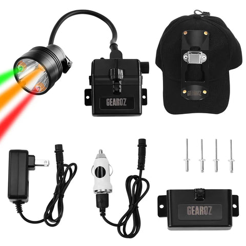 Long Range Coon Hunting Headlamp With 600 Lumens, Rechargeable, IPX5 Waterproof, Six Lighting Modes And Four Color LEDs White Red Green Amber, Includes Black Hunting Hat For Coyotes And Predators Night Hunts.