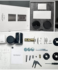 Smart Door Lock With Fingerprint And Bluetooth Control No Key Needed NFC App Code Entry Access Card Backup Keys Black Finish 6 In 1 Keyless Entry For Home Security Auto Lock And Unlock components on table.
