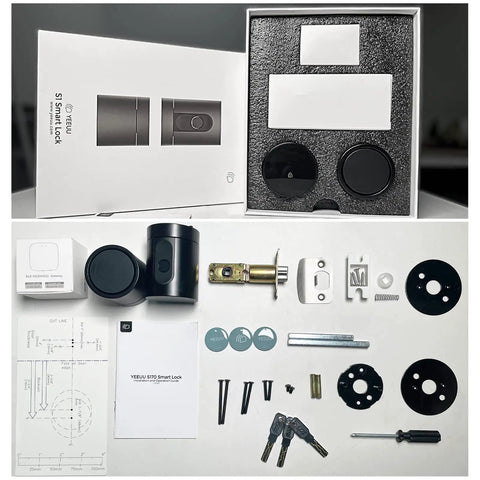 Smart Door Lock With Fingerprint And Bluetooth Control No Key Needed NFC App Code Entry Access Card Backup Keys Black Finish 6 In 1 Keyless Entry For Home Security Auto Lock And Unlock components on table.