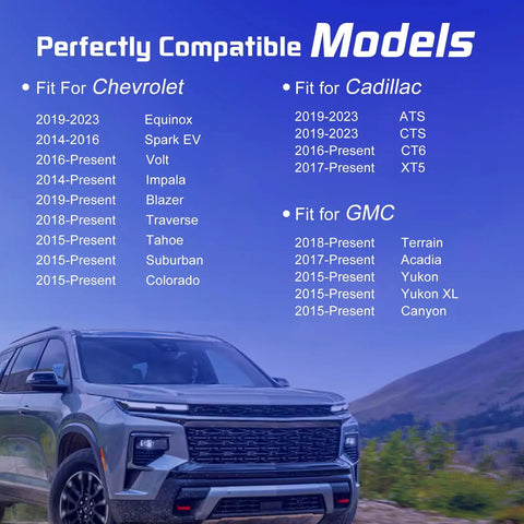 Image showing compatible vehicle models for Front Grille Active Aero Shutter Motor Oem Replacement 84375398 Chevy Equinox Blazer Traverse.