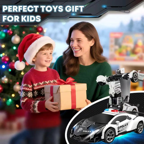 Child holding gift, Transforming RC Car Robot For Kids Ages 3 To 8 2.4GHz remote control toy shown in police car mode